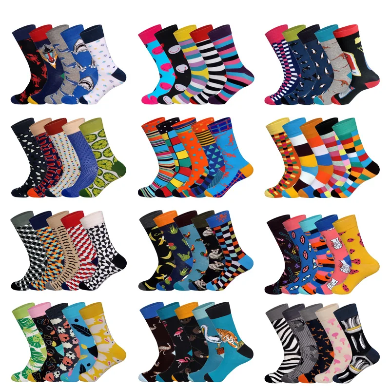 

LIONZONE 5Pairs/lot Brand Men Socks 60 Colors 12 Selects British Style StreetWear Designer Happy Socks Funny with Gift Box