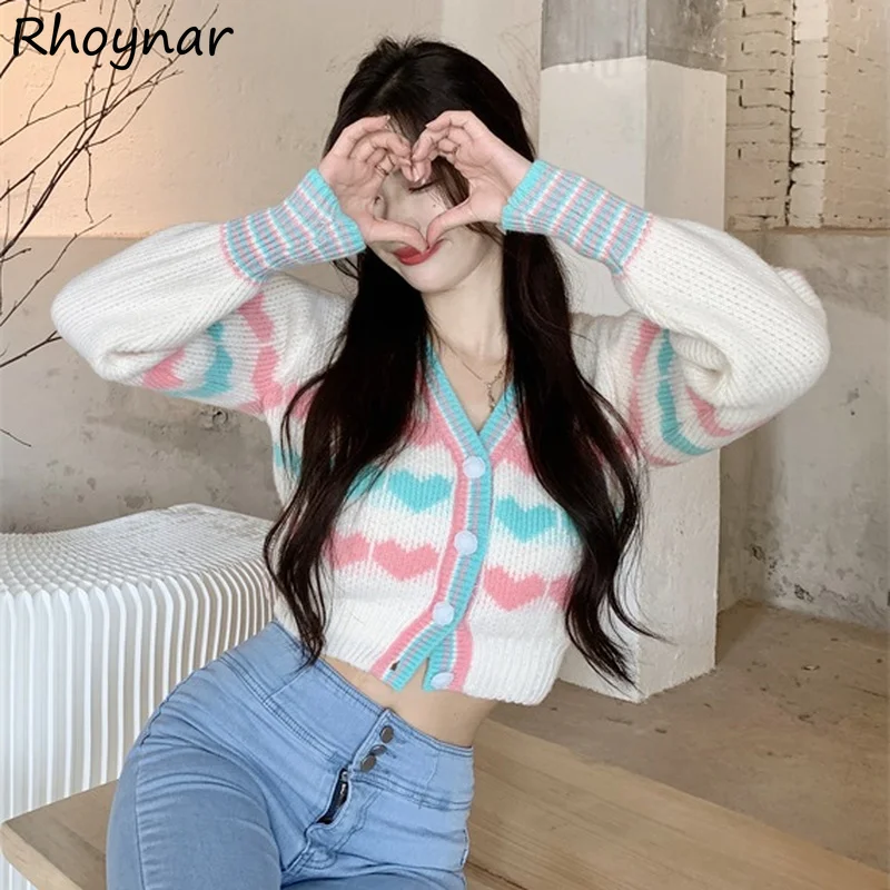 

Cardigan Women Elegant Fashion Sweet Heart Panelled Leisure All-match Loose College Female Cropped Sweater Knitted Korean Style