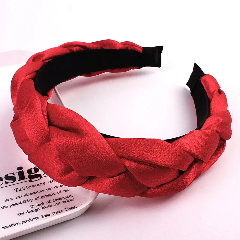 

Women Satin Cross Hairbands Twisted Braid Headband Head Hoop Solid Color Hair Accessories Ladies Elegant Width Headwear Red Pink