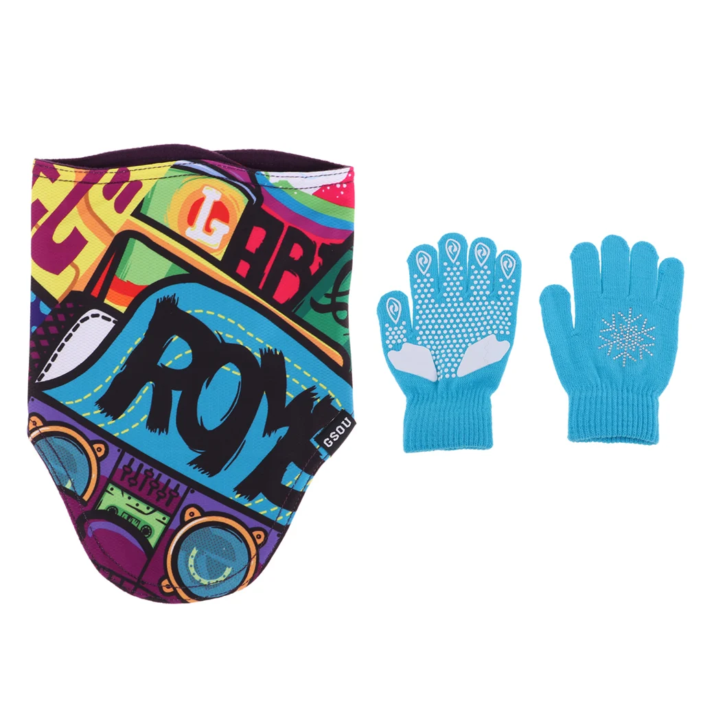 Kids Thermal Face Mask Cover Scarf Neck Warmer Gaiter Wrap and Knit Gloves Stretch Winter Glove for Boy Girl (Age age 6-13 )