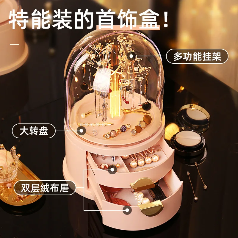 Acrylic Led Lamp Jewelry Makeup Box 360 Degree Rotating Jewelry Earrings Storage Organizer Drawer Desk Dust Proof Jewel Shelf