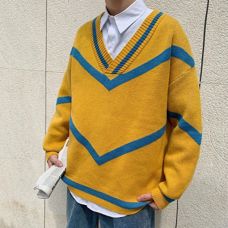 YUECHE Autumn And Winter Men's Youth New Hit Color Flocking V-neck Sweater Letters Intarsia Decoration Thick Loose YUECHE Autumn And Winter Men's Youth New Hit Color Flocking V-neck Sweater Letters Intarsia Decoration Thick Loose