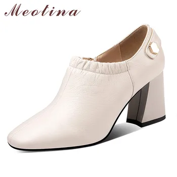 

Meotina High Heels Women Pumps Natural Genuine Leather Chunky High Heels Shoes Real Leather zip Square Toe Shoes Lady Autumn 39