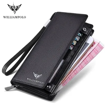 

WilliamPolo Full-Grain Leather Long Wallet For Men Black Fashion Phone Credit Card Holder Coin Purses Business Clutch Cowhide128