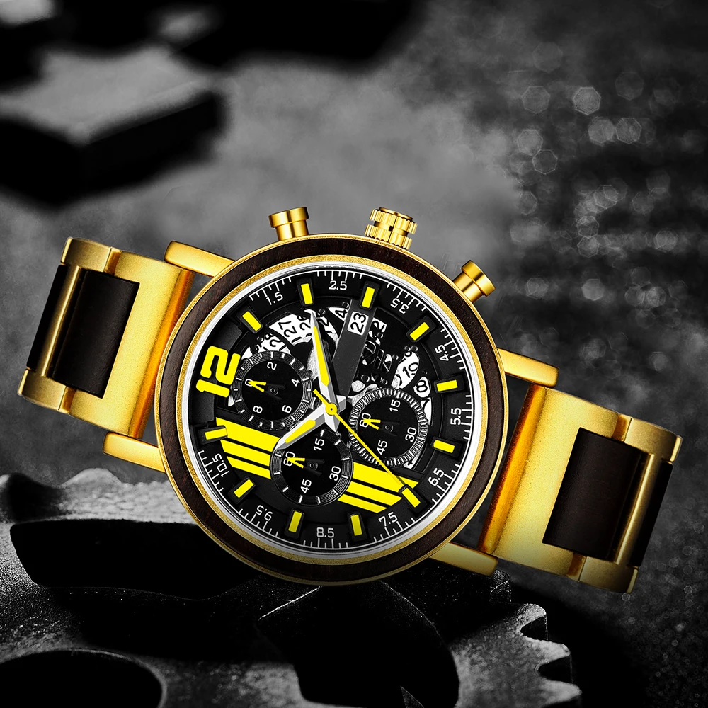 Relogio Masculino Business Men Watch Metal Wooden Wristwatch Chronograph Auto Date Display Timepiece Male Dropshipping