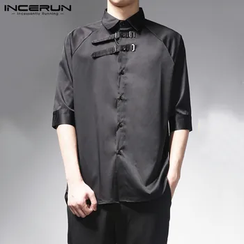

INCERUN Summer Men Shirt Retro Half Sleeve Solid Color Chic Tops Lapel Button Streetwear 2020 Casual Shirts Camisas Hombre S-5XL
