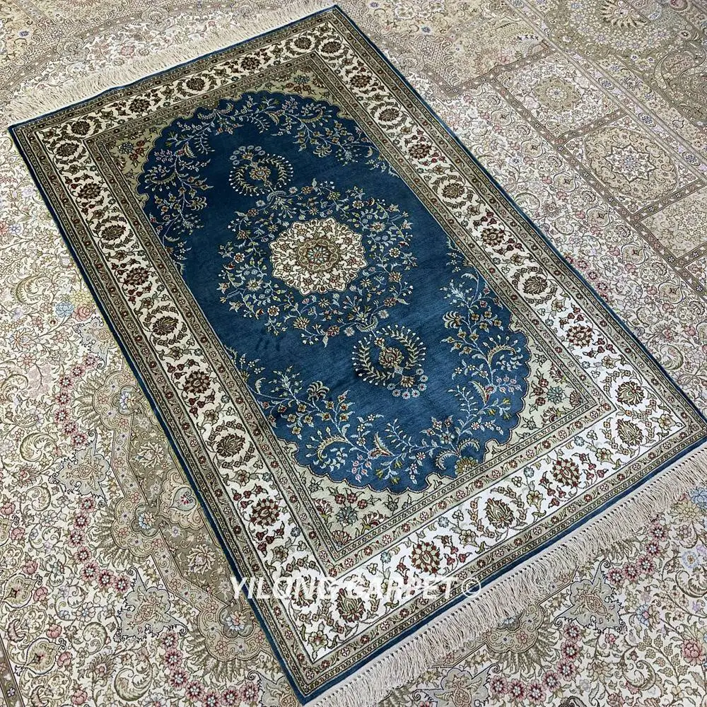 YILONG 3'x5' Тебриз Персидский Шелковый ковер античный синий Винтаж восточные ковры(HF240B