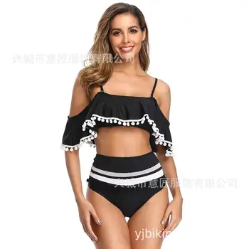 

19-year one-shoulder multi-color fashionable high-waist velvet flying-edge lotus leaf Bikini Swimsuit