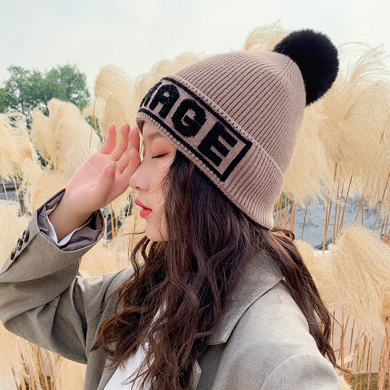 

Winter Brand Female Fur Pom Poms hat Winter Hat For Women Girl 's Hat Knitted Beanies Cap Hat Thick Women Skullies Beanies