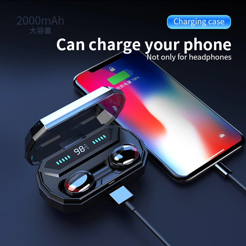TWS беспроводные наушники Bluetooth гарнитура Мини стерео наушники 2000 мАч IPX 7 Водонепроницаемый HIFI Поддержка iOS/Android телефонов