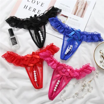 

Sexy Underwear Women's Transparent Lace G-String Thongs Hot Erotic Lingerie Seamless Women Open Crotch With Pearl Tangas