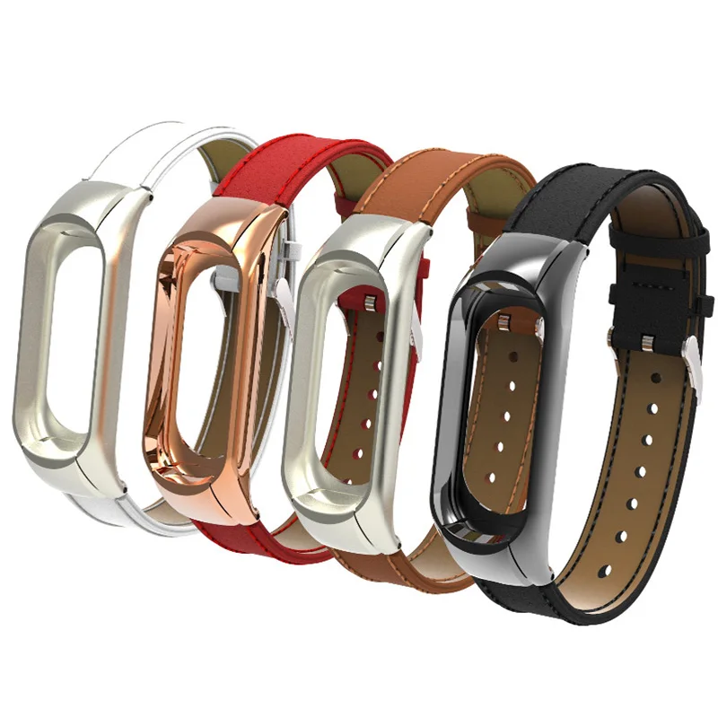 

Leather Wrist Strap For Xiaomi Mi Band 4 3 Bracelet Metal Frame Replacement Leather Strap For MiBand 4 3 Smart Band Replace Belt