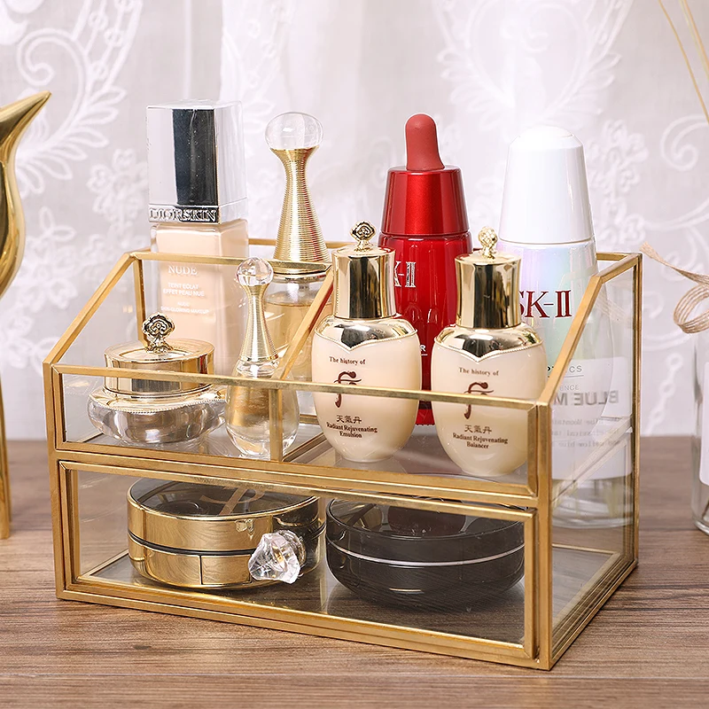 Nordic Glass Cosmetic Organizer Bathroom Perfume Nail polish Lipstick Storage  Drawer Case Dust-proof Makeup Storage Tools
