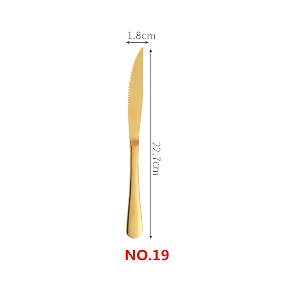 NO.19 Steak Knife 1/5 комплектов, Нержавеющая сталь набор золотых столовых приборов Зеркало Посуда Золотой столовый Услуги совки Ножи вилка Кухня аксессуары - Цвет: NO.19 Steak Knife