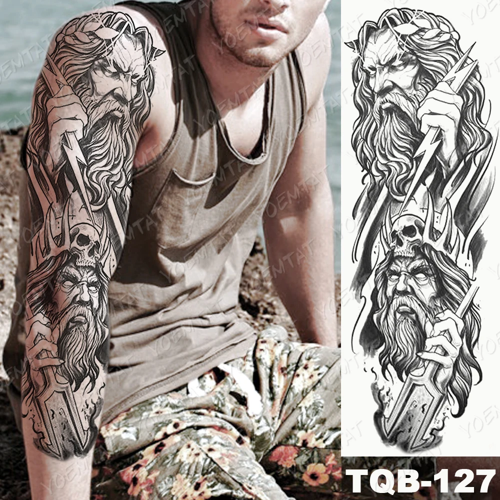 Large Arm Sleeve Tattoo Zeus Gods Lightning Hell Waterproof Temporary Tatto Sticker Poseidon Bear Body Art Full Fake Tatoo Men