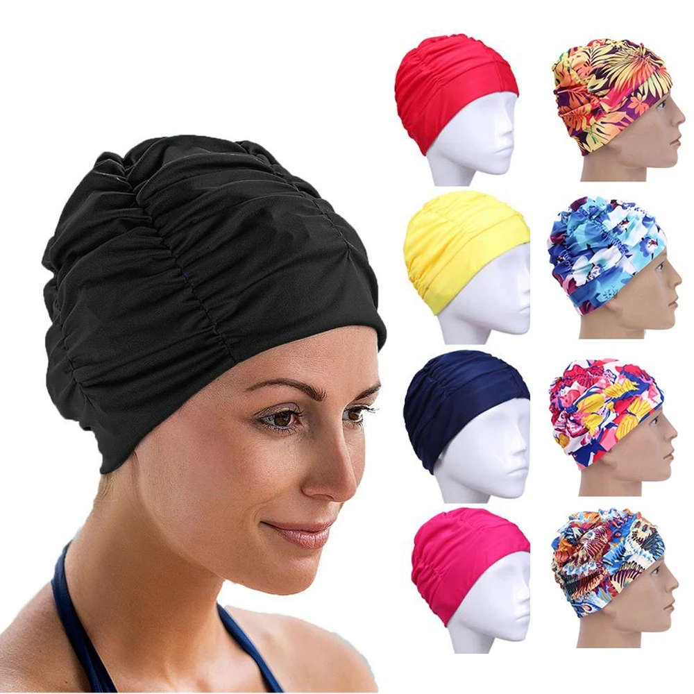Men Women Nylon Solid Beanie Hat Pleated Design Long Hair Elastic Swimming Cap 