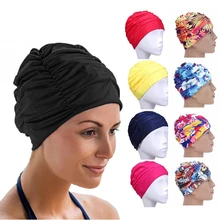 Nylon High Elastic Swimming Cap Free Size Solid Flowers Printed Long Hair Swim Pool Hat Turban Bathing Hats Sports Accessories