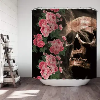

Skull Flower Decor Shower Curtain,Skull Stone Surround by Pink Flowers on Black with Horrible Smoke,Fabric Bathroom Decor Set