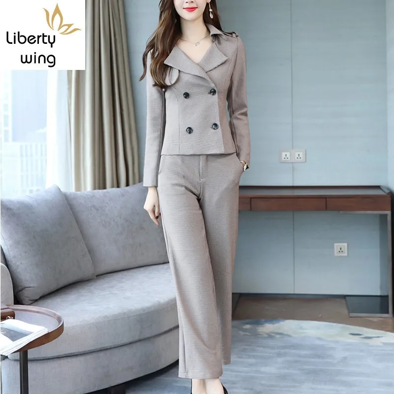 

Two New Elegant Office Double Breasted Short Blazer Tops Plaid Wide Leg Pants Set 2 Piece Outfits Women