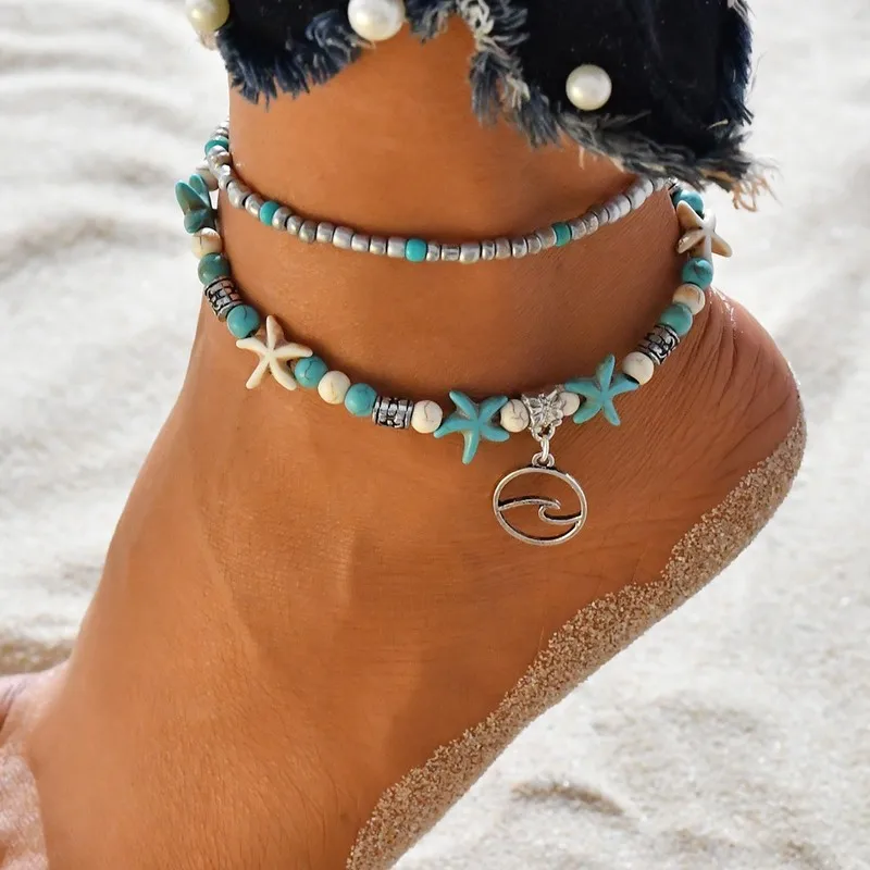 Bohemian Beach Wave Starfish Beaded Foot Chain Anklets Double Layered Pendant Adjustable Ankle Bracelets on Leg for Women | Украшения и