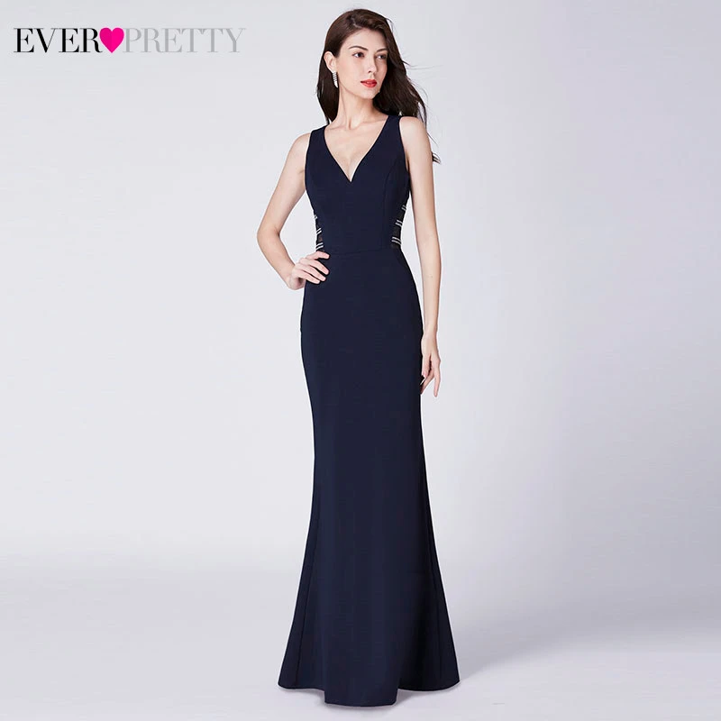 

Ever Pretty Mermaid Evening Dresses Long V-Neck Sleeveless See-Through Elegant Navy Blue Formal Party Gowns Abiye Gece Elbisesi