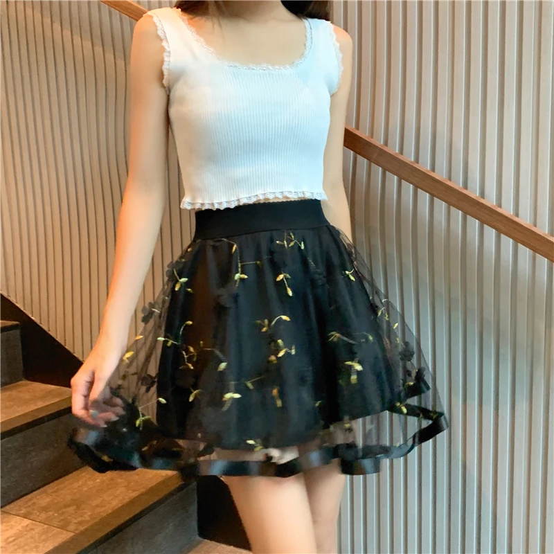 skater skirt ZuoLunOuBa Fashion Summer Sexy Mini Women Skirt Embroidery Jacquard Net Yarn Flowers Elastic Waist Black Harajuku Skirts Female jean skirt
