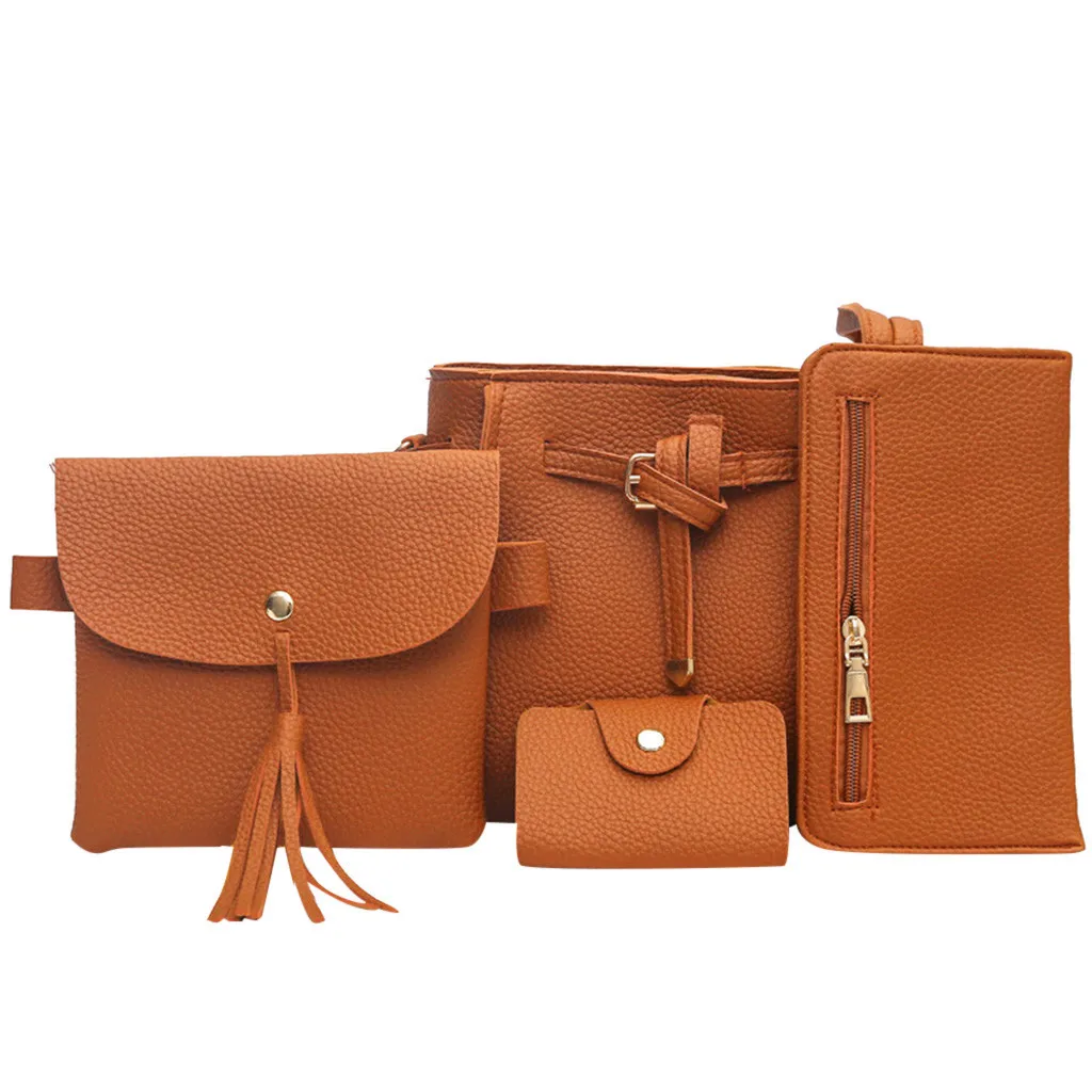 Brown Woman bag New Fashion Four-Piece Shoulder Messenger Bag Wallet Composite Handbag Elegant anti-theft Composite travel bag - Цвет: Brown