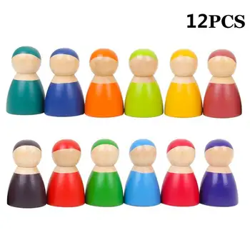 

Wooden Colorful Blocks Toys Set Of 12 Rainbow Friends Dolls Wooden Children Pretend Play People Figures Doll Safety Paint Toys