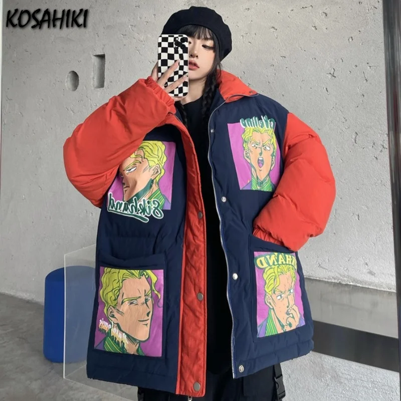 KOSAHIKI Japanese Cartoon Print Loose Parkas Women 2021 Winter Harajuku Padded Coats Female Contrast Color Wadded Jackets | Женская