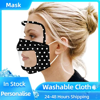 

Unisex Mouth Mask Fashion Dot Print Smile Clear Mouth Expression Lip Reading Face Mask with Detachable Eyes Shield Masque