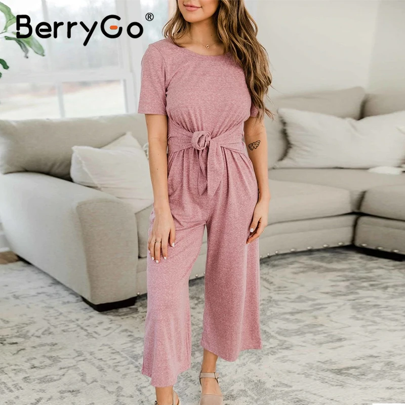 Women Short Sleeves Round Neck Stripes Summer Casual Long Wide Legs Jumpsuit