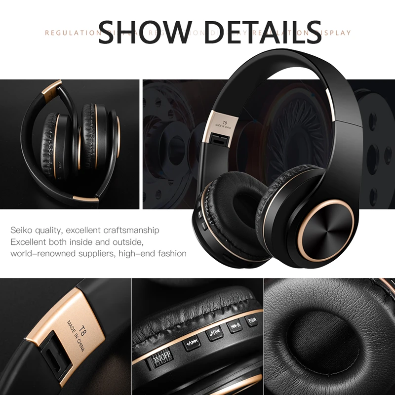 Wireless Bluetooth5.0 Headphones Foldable Wireless Stereo Headset Handsfree Earbuds with Mic Support TF Card Play