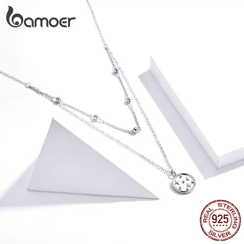 bamoer Double Layer Coin Necklace for Women Genuine 925 Sterling Silver Bead Chain Star Necklaces Female Fine Jewelry SCN365