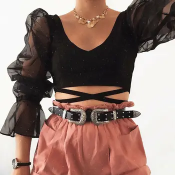 

NEW Womens Sheer Mesh Puff Sleeve Cropped Tops Spliced Lace up Slim Fit Vest V Neck Retro Fashion hirts Blouse