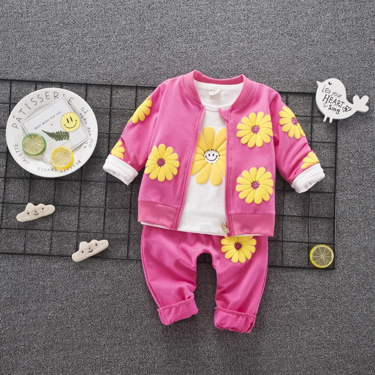 

Childrenswear Autumn 2017 GIRL'S Suit Infants Virgin Baby Three-piece Set Sweet Sunflower Zipper Cardigan