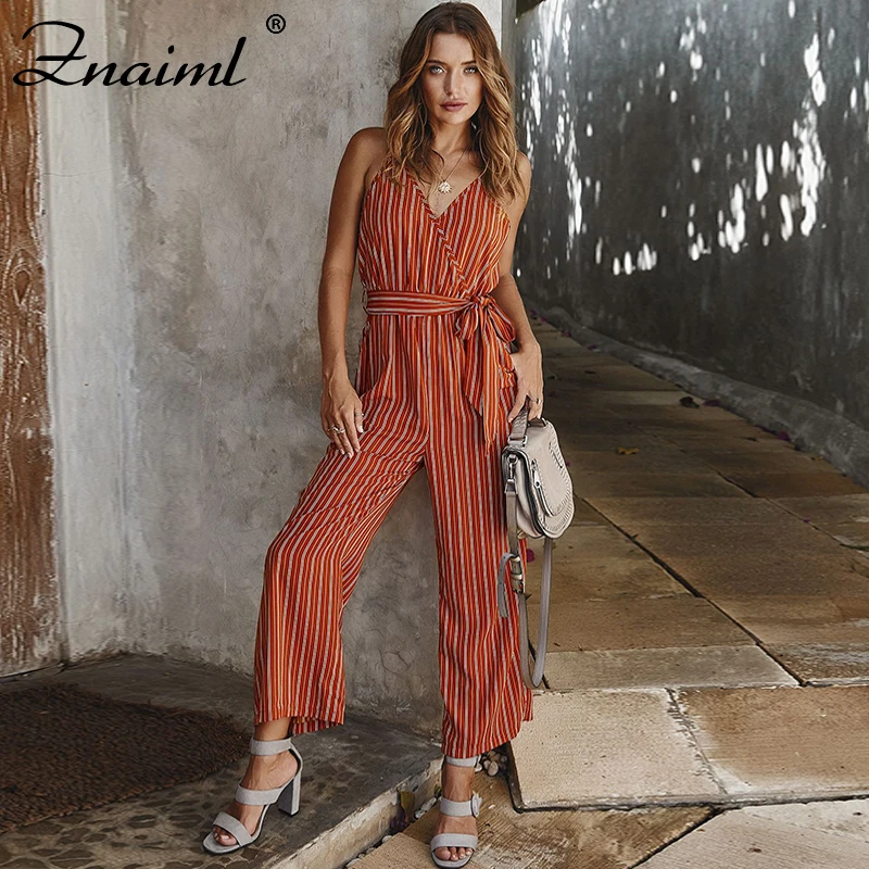 

Znaiml Summer Women's Stripe Jumpsuits Vintage Bohemian Beach Cotton Sling Print Rompers Sleeveless Long Wide Leg Pants Overalls