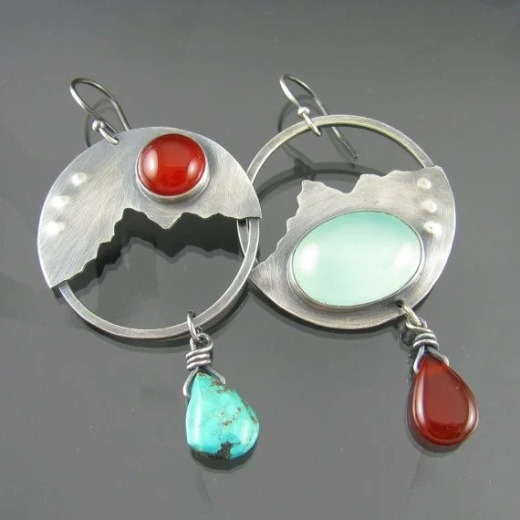 

Fashion 925 silver large silver ring, hammer type silver ring with gem, inlaid with natural ruby, hanging Turquoise Earrings