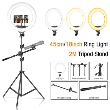 

18inch/45cm Led Ring Light Professioal Photography Selfie Ring Light For Makeup Video Light With Tripod & Mic Stand