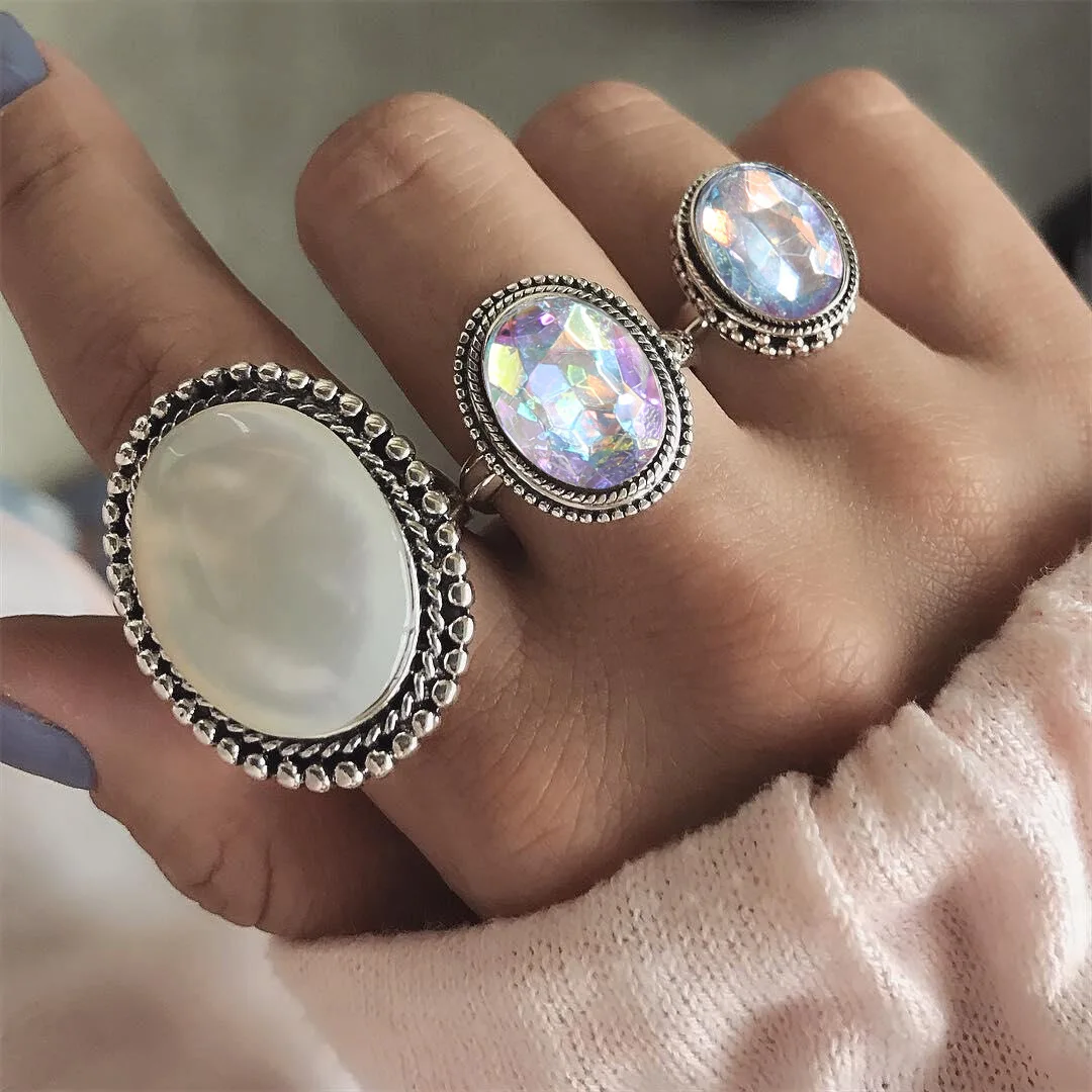 New Women's Zircon 3 Piece Ring Set Ladies Colored Stones Retro Jewelry For Female Vintage Fashion Oval Rings Party | Украшения и