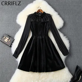 

New Autumn Winter Dress Women Ruffles Mesh Patchwork Velvet Short Women Dress Lantern Sleeve Turn Down Collar Black Dress