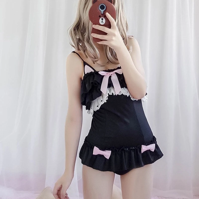 lolita conjunto de maiô plissado roupa de banho sexy para gato preto coelho