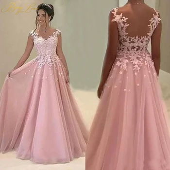 

BeryLove Long Pink Evening Dresses 2019 Appliques Tulle Lace Evening Gown Elegant Prom Dress Formal V Neck Blush Party Gown