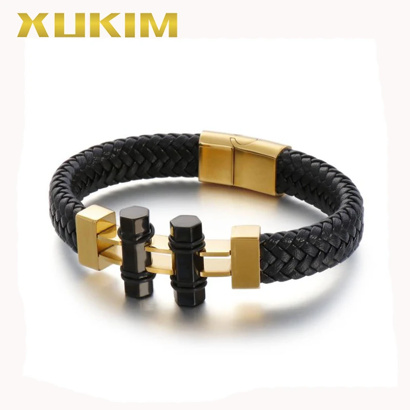С черным покрытием, нанесенным краскопультом XB420 Xukim Jewelry New Trendy Black Men Leather Bracelet - Окраска металла: С черным покрытием, нанесенным краскопультом