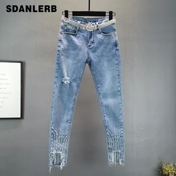 

Jeans Women's Fashion 2020 Spring and Summer New Elasticity Slim Fit Hand-studded Diamond Tassels Skinny Denim Pencil Pants Jean