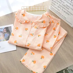 Japanese New Spring and Autumn Ladies Pajamas Suit Cotton Gauze Doll Collar Fresh Plus Size Suit Home Service Pajamas for Women