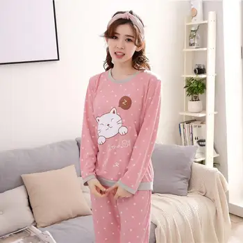 

Hot Salling Women's Cartoon Print Long Sleeves Autumn Winter Pajama Sets Sweet Loose Sleepwear 2020 New Arrive