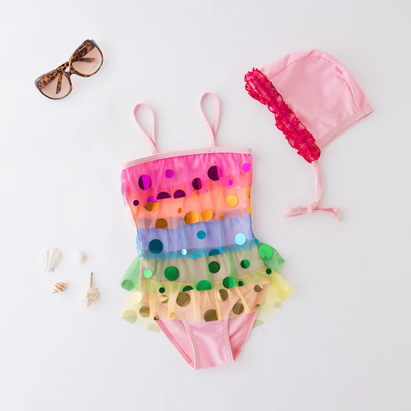 

Short in Size Processing KID'S Swimwear GIRL'S One-piece Swimming Suit Rainbow Camisole Triangular Skirt Bathing Suit with Cap 2