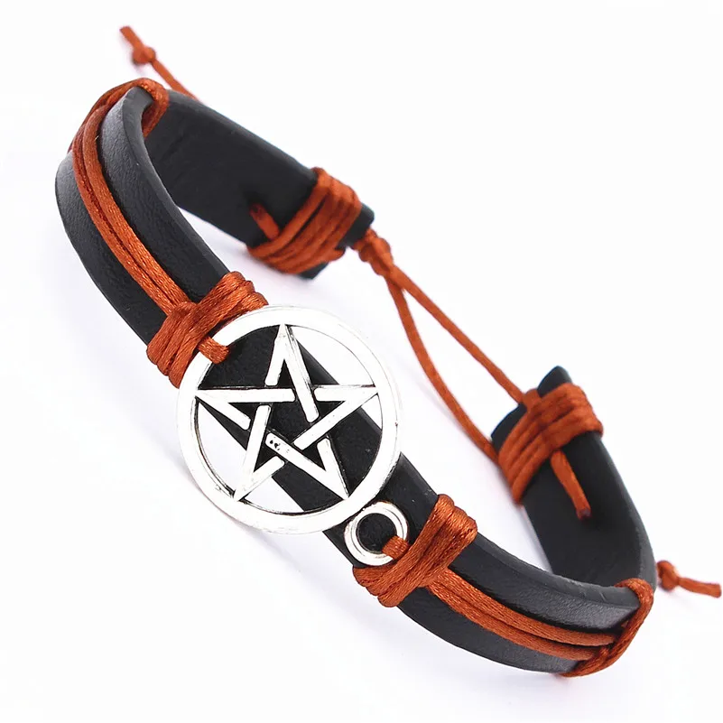 12PCS/Lot DGW Men and women Ancient silver five-pointed star Jewelry 9colors Braided Leather Bracelet Fashion Bangles