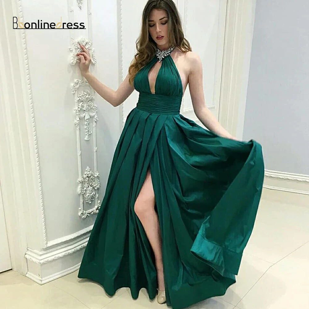 Зеленое Атласное выпускное платье трапециевидной формы, длинное платье для выпускного вечера es с жемчужным вырезом, без рукавов, с разрезом в пол, вечерние платья vestido-de-festa