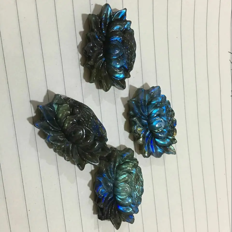 Natural Hand Carved Labrador Mineral Crystal Lotus Flower Statue Crystal Figurine Pendant Crafts Gifts 5